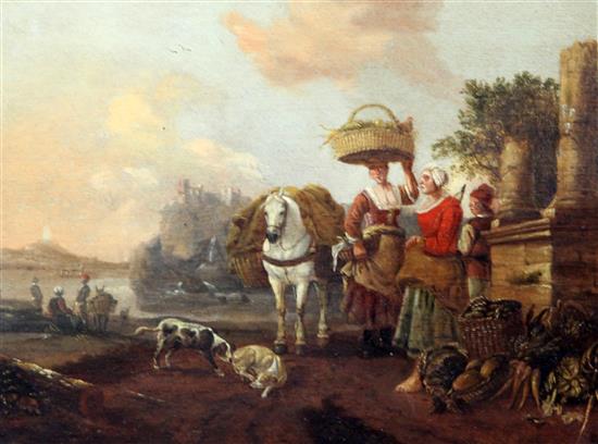 18th century Flemish School Landscape with figures selling vegetables, 11 x 14.5in.